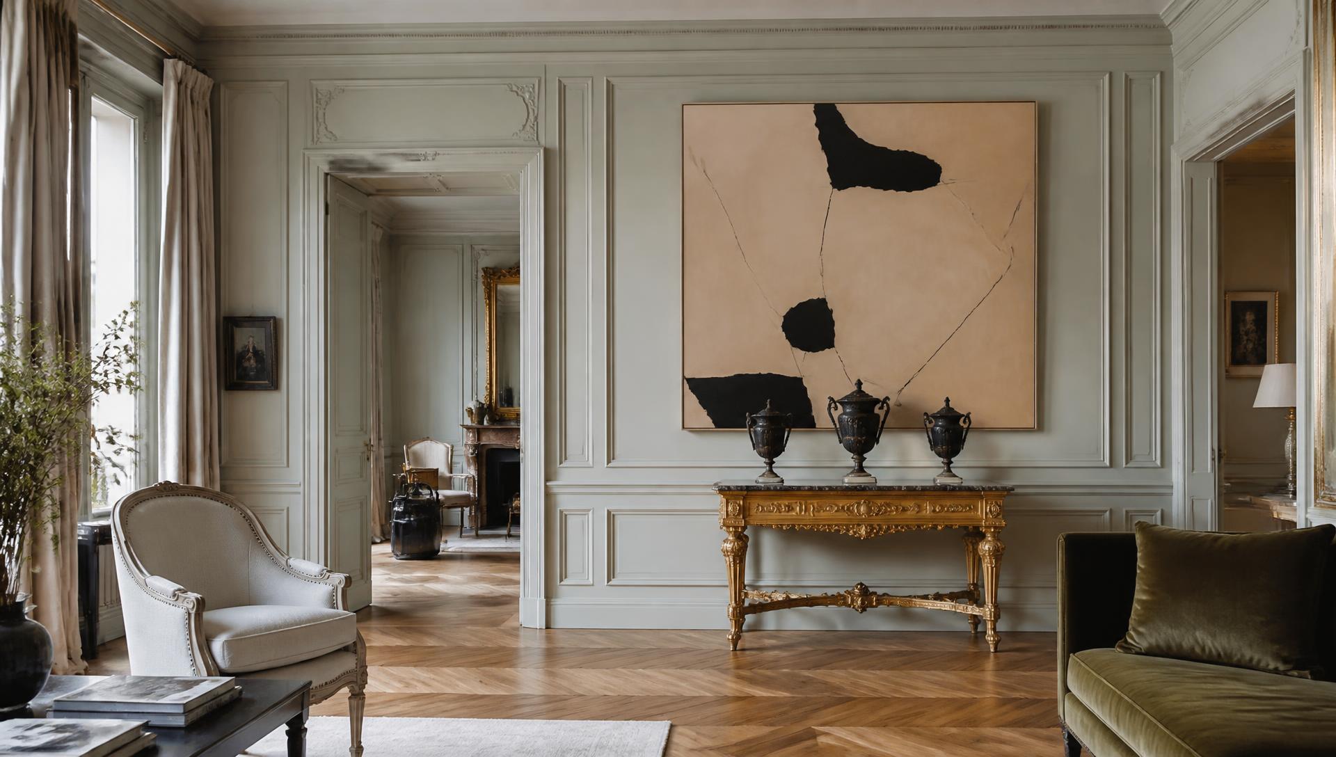 Classical salon with gilt console, bronze urns and a modern painting
